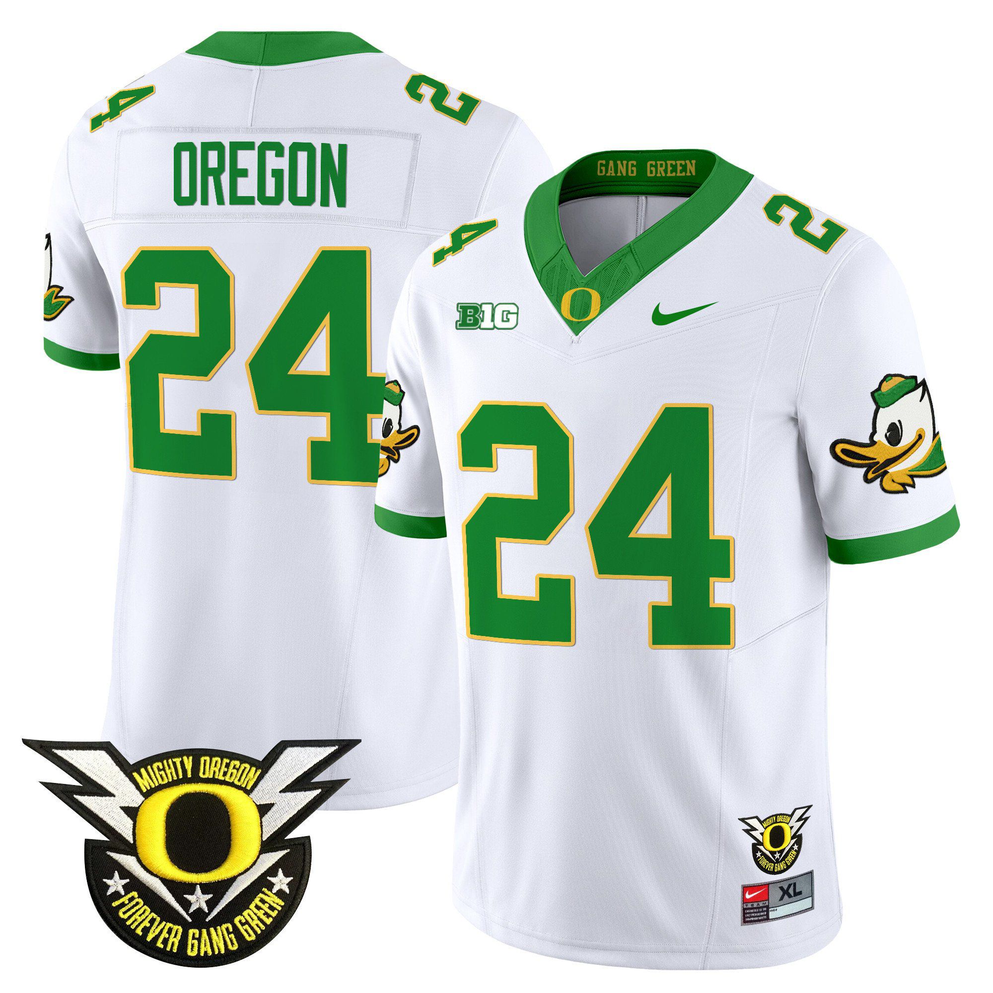Men Oregon Ducks #24 Oregon White 2024 Nike Forever Gang Green & BIG Patch Vapor Limited NCAA Jersey->ncaa teams->NCAA Jersey